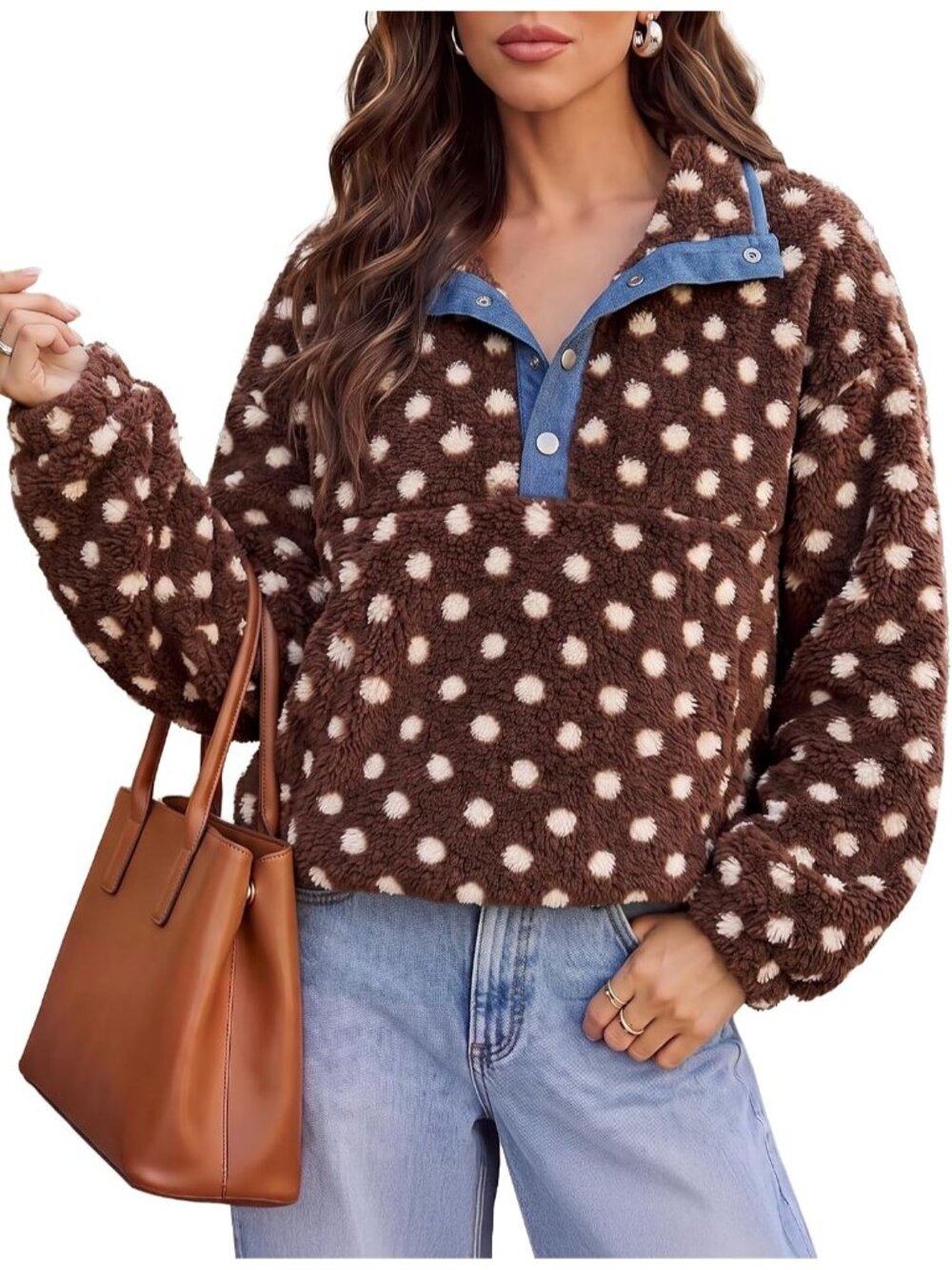 Women's Brown Long Sleeve Henley Neck Fuzzy Fleece Imported Sweatshirt